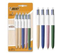 BIC 4 Colours Wood Effect Pens, Multi Coloured Pens All In One, Retractable Pens, Medium 1.0mm, Green, Blue, Red, Black, 5 Pens Per Pack, 1 Pack