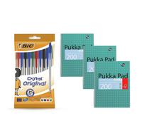 DLM Direct Pukka Pad A4 Metallic Jotta Book Pack of 3 & BIC Cristal Original Ballpoint Pens Pack of 10, Wirebound Notebook with 200 Pages & Assorted Colour Medium Point Pens for Office Use