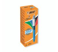 BIC 4 Colours Grip Retractable Ballpoint Pens - Box of 12- Medium Point (1.0 mm) - Extra-Comfort Grip - Translucent Blue Barrel
