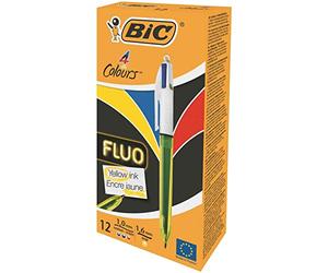 Bic Bolígrafo 4 colores fluo.Azul, rojo y negro clásicos y amarillo fluor