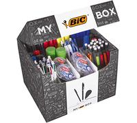 BIC My Box Stationery Set Includes Cristal Original BIC Pens, 4 Colours Pens, BIC Pencils, Mini Pocket Mouse Correction Tape, Glue Sticks, Permanent Markets, Highlighter Grip Pens, and More School Supplies, 124 Pack