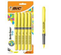 BIC Brite Liner Grip Highlighter, Chisel Tip, Yellow, 5-Count (GBLP51-Ylw) | Comfortable Grip | Bright Yellow Ink for Organizing and Coloring | Smudge-Resistant, Long-Lasting Ink, ACMI Certified