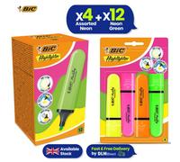 Bic Chisel Tipped Neon Highlighters Pack of 4 With Pastel Flat Neon Green Highlighter Pen Pack of 12, Smooth Ink Quick Dry Value Set for Office, School, and Study Notes