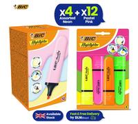 BIC Highlighter Flat Marker Pastel Pink Pack of 12 & Assorted Neon Pack of 4 Quick Dry Chisel Tip Water-Based Ink Bright Fluorescent Colours Durable Plastic Body for Office School Study Notes