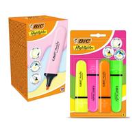 Bic Chisel Tipped Neon Highlighters Pack of 4 With Pastel Flat Pink Highlighter Pen Pack of 12, Smooth Ink Quick Dry Value Set for Office, School, and Study Notes