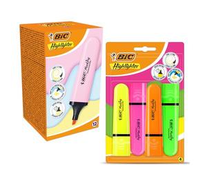 Bic Chisel Tipped Neon Highlighters Pack of 4 With Pastel Flat Pink Highlighter Pen Pack of 12, Smooth Ink Quick Dry Value Set for Office, School, and Study Notes