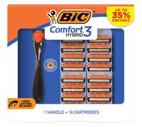 BIC Comfort 3 Hybrid Disposable Razors for Men 1 Handle and 16 Cartridges With 3 Blades 17 Piece Razor Kit for Men Orange