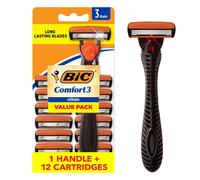BIC Comfort 3 Men's Refillable 3-Blade Razors with 1 Handle and 12 Cartridges,Smooth Shave Kit for Dorm and Daily Grooming,College Dorm Room Essential