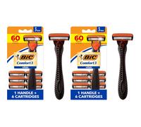 BIC Comfort 3 Refillable Three-Blade Disposable Razor for Men, Razor For a Comfortable Shave, 1 Handle and 6 Cartridges, 7 Piece Razor Set (Pack of 2)