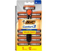 BIC Comfort 3 Refillable Three-Blade Disposable Razors for Men Sensitive Skin Razor for a Comfortable Shave 1 Handle and 12 Cartridges With 3 B