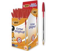 BIC Ballpoint Pens Cristal Original, Medium Point (1.0 mm), Clear Barrel, Red, Box of 50