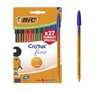 BIC Cristal Original Ball Pens Fine Point (0.8 mm) - Assorted Colours, Orange Barrel, Box of 27
