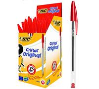 BIC Cristal ORIGINAL Medium Daily BALLPOINT PENS Biros 1.0 mm Everyday Essay Writing Home School Office Stationery Supplies Clear Barrel 4 Colours BLACK RED BLUE GREEN RGB Stick Pen (RED, 50 X PENS)