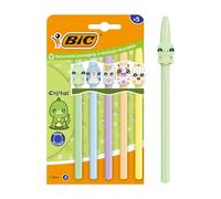 BIC Cristal Pastel Figurines Ball Pens Medium Point (1.00 mm) Blue Ink - 5 Assorted Characters and Barrel Colours, Cardboard Pack of 5