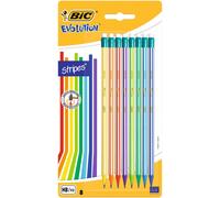 BIC Evolution Graphite Pencils - Pack of 8 - HB Pencils with Eraser - Colourful Stripe Design and Shock-Resistant Lead