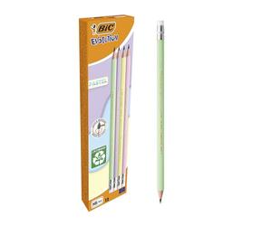 BIC Evolution Pastel Graphite Pencils with Eraser and Shock-Resistant HB Lead - 4 Different Barrel Colours, Pack of 12