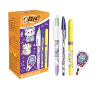 BIC Fantasy Animals Collection 4-Piece Set: 1 BIC 4 Colours & 1 Cristal Ball Pens Medium Points (1.00 mm), 1 Highlighter Grip Neon Pen, 1 Tipp-Ex Mini Pocket Mouse Corrector