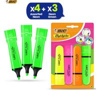 BIC Highlighter Flat Marker Neon Green Pack of 3 & Assorted Pack of 4 Quick Dry Smear-Proof Chisel Tip Water-Based Ink Bright Fluorescent Colours Durable Plastic Body for Office School Study Notes