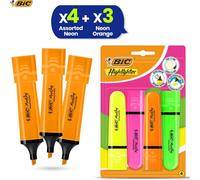 BIC Highlighter Flat Marker Neon Orange Pack of 3 & Assorted Pack of 4 Quick Dry Smear-Proof Chisel Tip Water-Based Ink Bright Fluorescent Colours Durable Plastic Body for Office School Study Notes