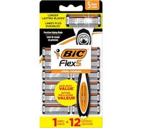 BIC Flex 5 Refillable Razors for Men, Long-Lasting 5 Blade Razors for a Smooth and Comfortable Shave, 1 Handle and 12 Cartridges, 13 Piece Shaving Kit