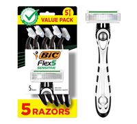 BIC Flex 5 Sensitive Disposable Razor, 5-Count Pack of Men's Razors | Pivoting Head for Control | Lubricating Strip with Aloe and Vitamin E | Precision Edging Blade for Sensitive Skin