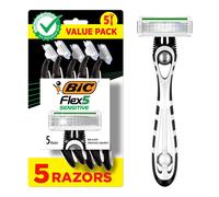 BIC Flex 5 Sensitive Mens Disposable Razors, 5-Blade, 5-Pack, Comfortable | Pivoting Head for Control | Lubricating Strip with Aloe and Vitamin E