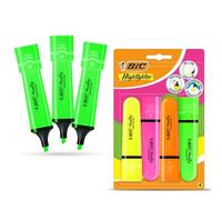 Bic Highlighter Flat Neon Blister Pack of 4 With Bic Highlighter Flat Neon Green Pack of 3, Chisel Tip Highlighters for Study Office Notes Journaling