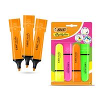 Bic Highlighter Flat Neon Blister Pack of 4 With Bic Highlighter Flat Neon Orange Pack of 3, Chisel Tip Highlighters for Study Office Notes Journaling
