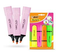Bic Highlighter Flat Neon Blister Pack of 4 With Bic Highlighter Flat Pastel Pink Pack of 3, Chisel Tip Highlighters for Study Office Notes Journaling