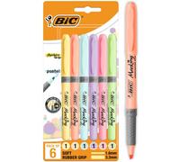 BIC Highlighter Grip Pastel, Highlighter Pens with Adjustable Chisel Tip, Rubber Grip for Extra Comfort, Assorted Colours, Pack of 6