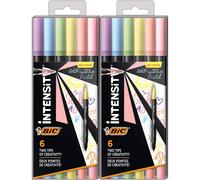 BIC Intensity 2 in 1 Dual Tip Fineliner Pens, Fine Tip (0.7mm) and Flexible Brush (3.7mm), Assorted Pastel Colors, 12-Count Pack