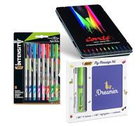 BIC Intensity Felt Tip Pens 8 Pack with Conte Colouring Pencils Tin of 12 and My Message Dreamer Stationery Kit, 4 Colour Pen Highlighter A6 Notebook, Creative Art and School Supplies Set