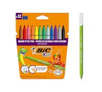 BIC Kids Felt Tip Pens, Kid Colour with Medium Blocked Tip, Vivid Colouring Pens, Washable Markers, Back to School Supplies, 12 Pack
