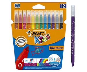 BIC Kids Kid Couleur Felt Medium Blocked Tip Colouring Pens - Value Pack Of 10 + 2 Free (12 Total) Medium Point - Assorted Colours