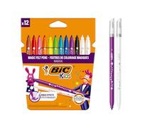BIC Kids Magic Felt Pens - Washable Kids Colouring Pens - Erasable Ink with Two Erasers Included - 12 Pack