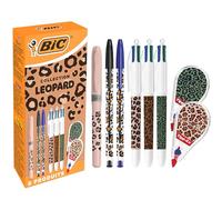 BIC Leopard Collection 9-Piece Set: 3 BIC 4 Colours & 2 Cristal Ball Pens Medium Points (1.00 mm), 1 Highlighter Grip Pastel Pen, 3 Tipp-Ex Mini Pocket Mouse Correctors - Assorted Designs, Box of 9