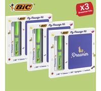 Bic My Message Dreamer Kit - Stationery Kit with 1 Ballpoint Pen 4 Colours/ 1 Highlighter Grip Green/ 1 A6 White Notebook, Multicolor, 3 Packs Bic Multicolor
