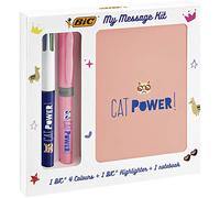 Bic My Message Kit Catpower - Stationery Set With 1 4 Colours Ball Pen, 1 Highlighter Grip Pastel Pen - Pink, 1 Blank Notebook A6 Size, Pack Of 3