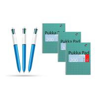 Pukka Pad A4 Metallic Jotta Book 3 Pack & BIC 4 Colours Original Ballpoint Pens Pack of 3, Wirebound Notebook with 200 Pages & Multi-Coloured Pens for School & Office Use
