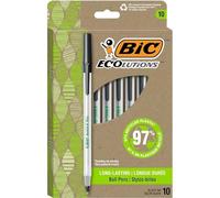 BIC® Revolution Round Stic Pens, Medium Point, 1.0 mm, 74% Recycled, Semi-Clear Barrel, Black Ink, Pack of 10 Pens