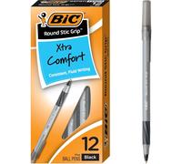 BIC Round Stic Grip Xtra-Comfort Ballpoint Pens, Medium Point, 1.2 mm, Gray Barrel, Black Ink, Pack Of 12 Pens