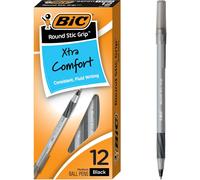 BIC Round Stic Grip Xtra Comfort Black Ballpoint Pens, Medium Point (1.2mm), 12-Count Pack
