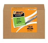 BIC Round Stic Xtra Life Ballpoint Ink Pens, Medium Point (1.0mm), Black Pens, Flexible Round Barrel For Writing Comfort, 144-Count