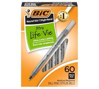 BIC Round Stic Xtra Life Ballpoint Pens, Medium Point (1.0mm), Black, 60-Count Pack, Flexible Round Barrel For Writing Comfort (GSM609-BLK)