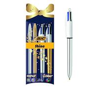 BIC Shine - Ballpoint Pen Gift Set for Christmas - Pack of 4 Pens (4 Colour and Cristal) with Gold and Silver Shiny Barrels - Blue and Black Ink