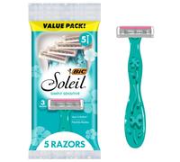 BIC Soleil 3 Simply Women's Disposable 3-Blade Razors, Aloe Moisture Strip, College Dorm Room Essential, Shower Caddy and Toiletry Bag Ready, 5-Pack