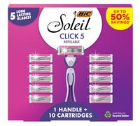 BIC Soleil Click 5 Women's Refillable 5 Blade Razors Moisture Strip For Enhanced Glide 1 Handle and 10 Cartridges 11-Piece Razor Gift Set Gre
