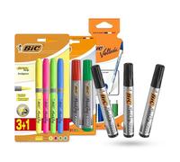 BIC Velleda Whiteboard Markers Assorted Colours Pack of 4 & BIC Marking 2000 Bullet Tip Permanent Marker Pack of 4 & BIC Grip Highlighters Pack of 4 and 3x BIC Black Permanent Marker Chisel Tip