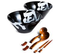 BICETTO Ceramic Japanese Ramen Bowl Set, 1500ml Large Ramen Bowls with Chopsticks, Spoons and Chopstick Rests - Bowl for Ramen, Pho, Salad, Poke, Soup, Udon - Minimalist Design, Premium Quality, Black
