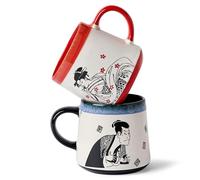 BICETTO Handmade 15 Oz Japanese Ukiyo-e Large Ceramic Coffee Mug, Artistic Pottery Big Tea Cup for Office & Home, Microwave & Dishwasher Safe (Samurai & Geisha)